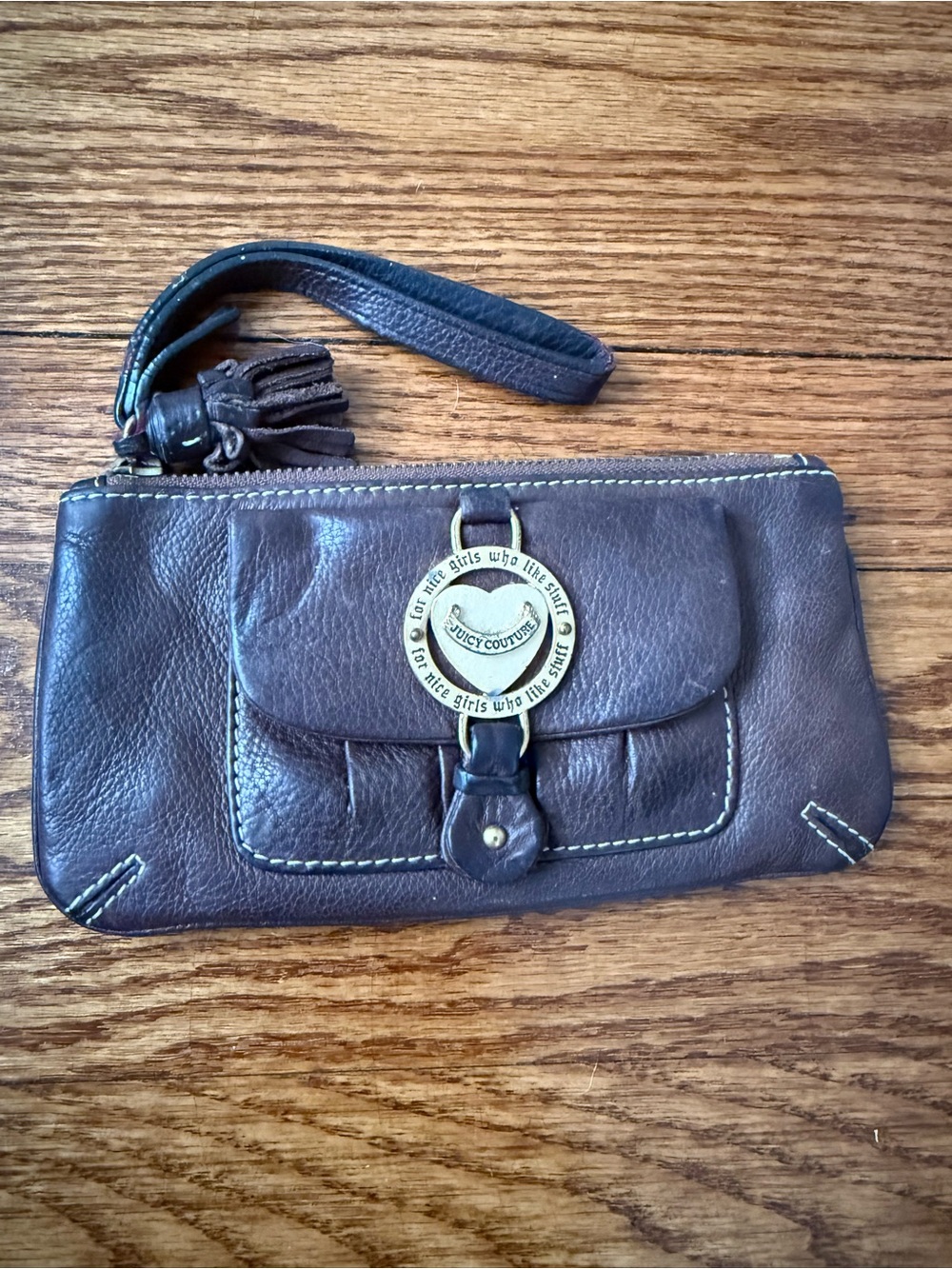 Vintage Y2K Juicy Couture Brown Leather Wristlet Clutch with Logo Medallion
